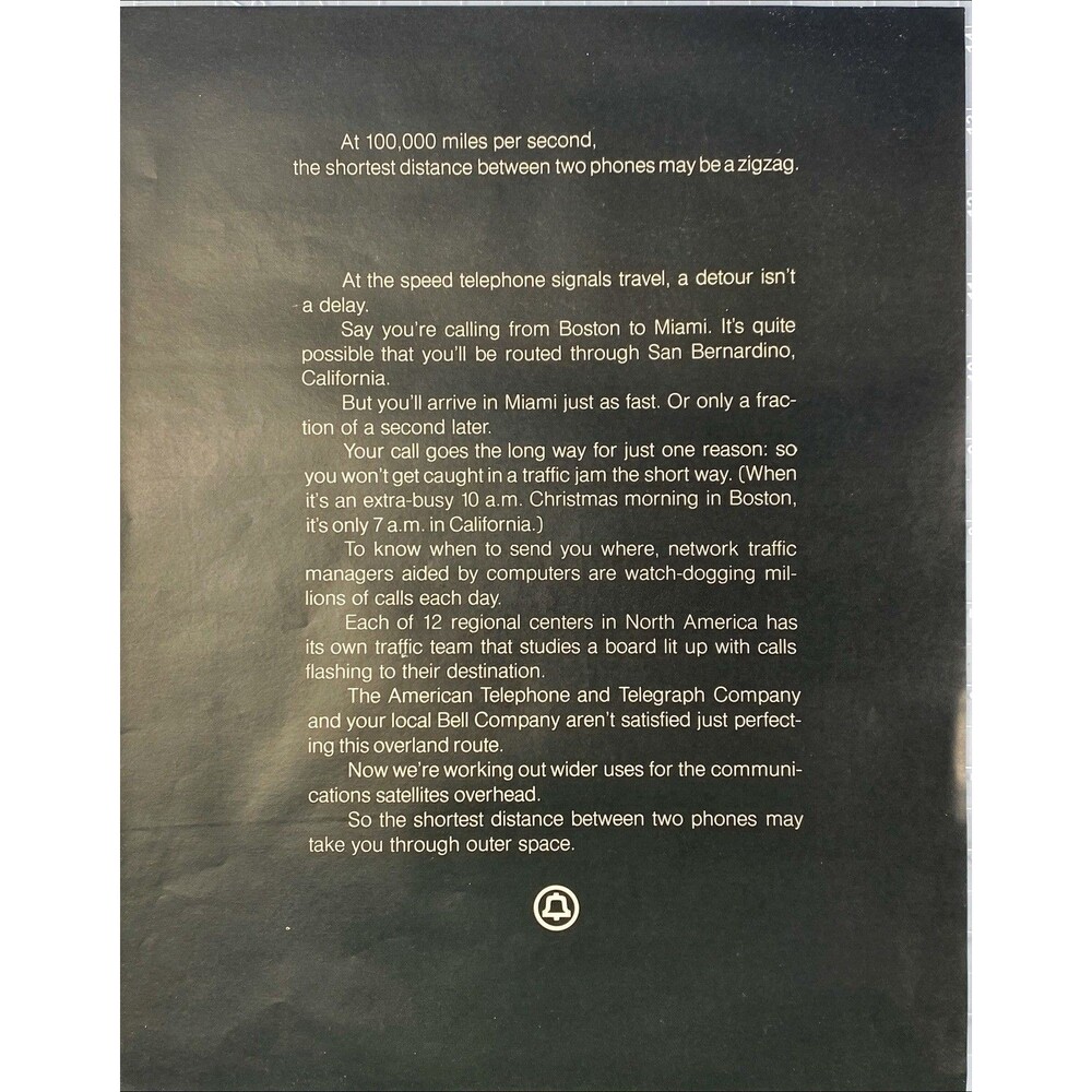 AT&T "At 100,000 Miles per Second the shortest distance is a Zig-Zag" Ad 1971